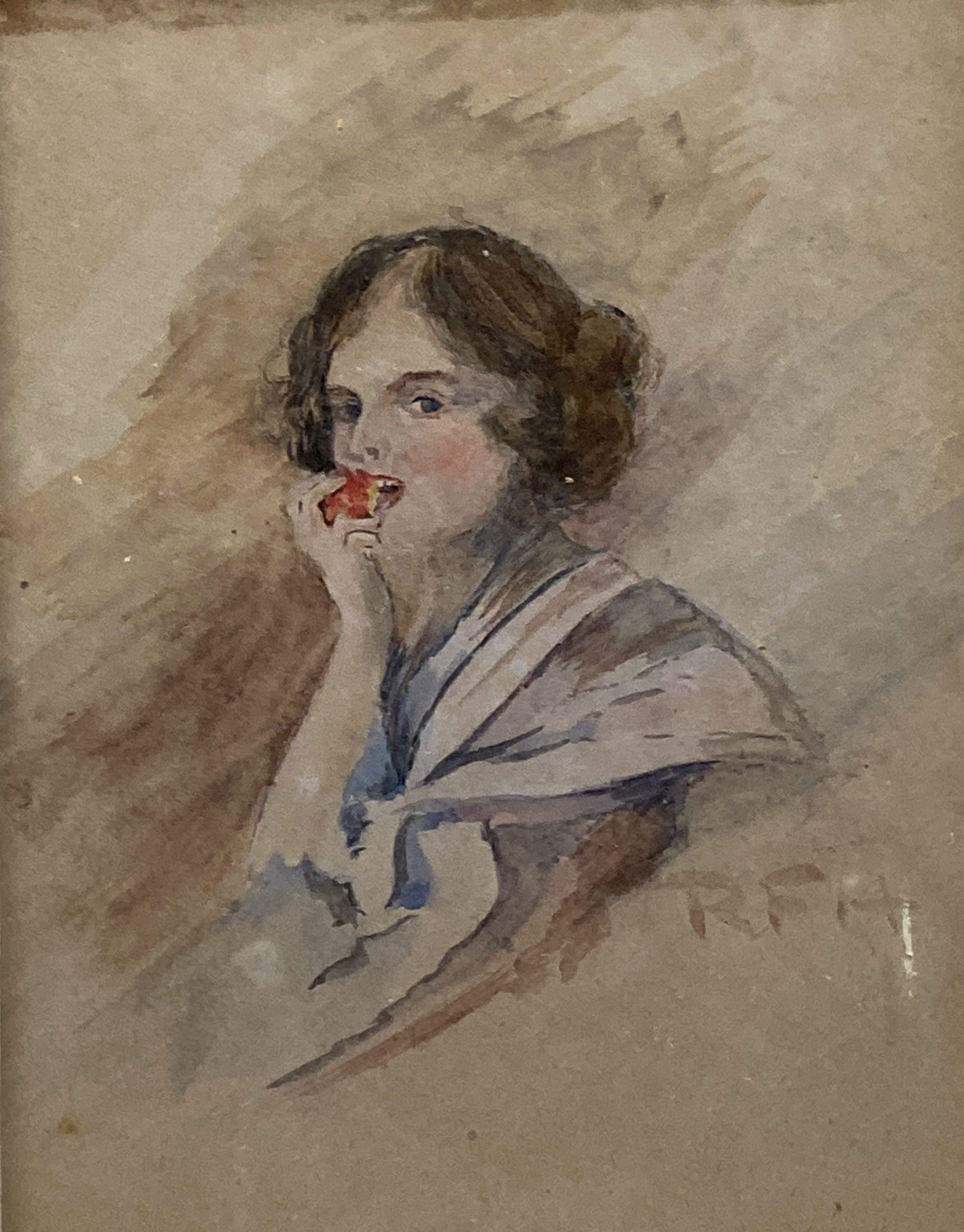 Rowland Fisher (1885-1969), watercolour, Study of a woman eating an apple, initialled, 12.5 x 10cm